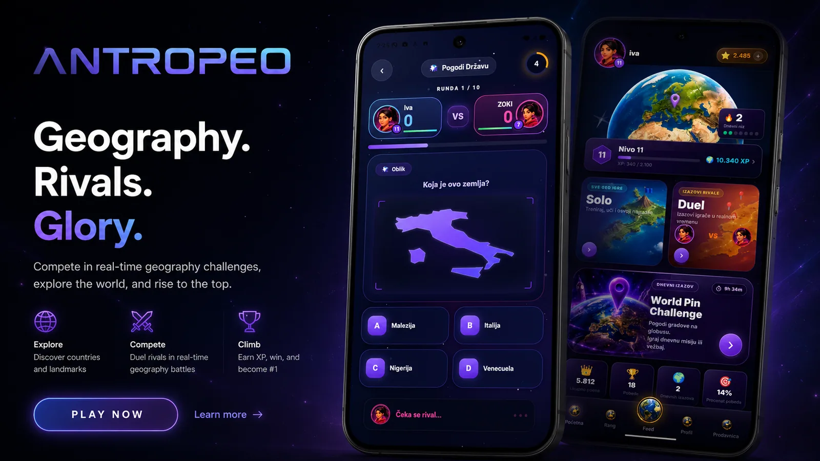 Antropeo app showing a real-time geography duel and the globe-based player home screen