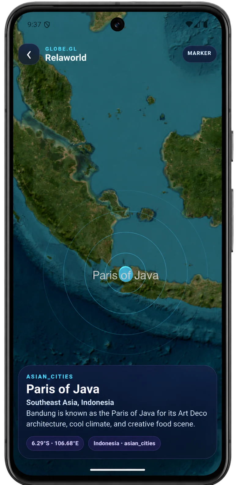 The same Paris of Java fact located on Antropeo's interactive globe in Bandung, Indonesia