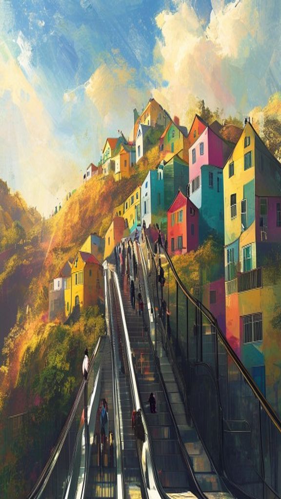 Outdoor escalators climbing the hillside of Comuna 13 in Medellín, Colombia, surrounded by stacked brick homes and street-art murals. — Original