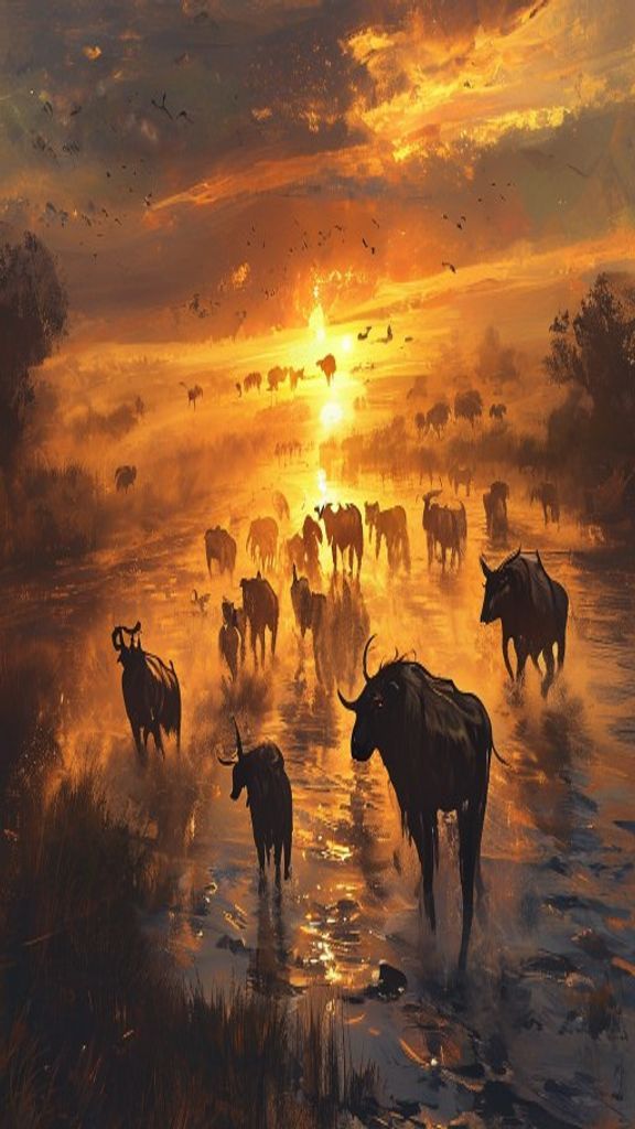 Thousands of wildebeest crossing the Serengeti during the Great Migration at sunrise. — Original