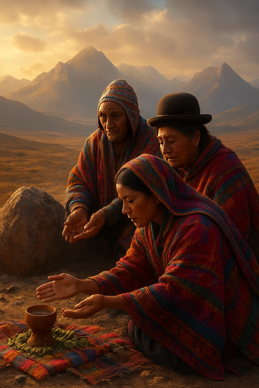 Antropeo illustration of Aymara woman making Pachamama offering in the Andes mountains with colorful traditional textiles — Remastered