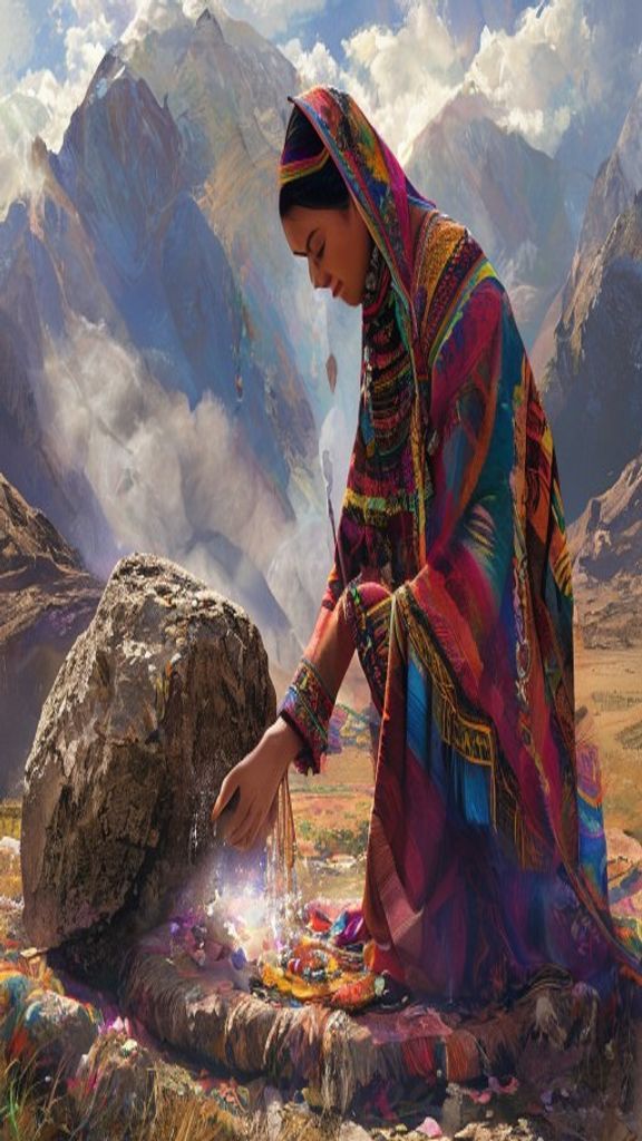 Antropeo illustration of Aymara woman making Pachamama offering in the Andes mountains with colorful traditional textiles
