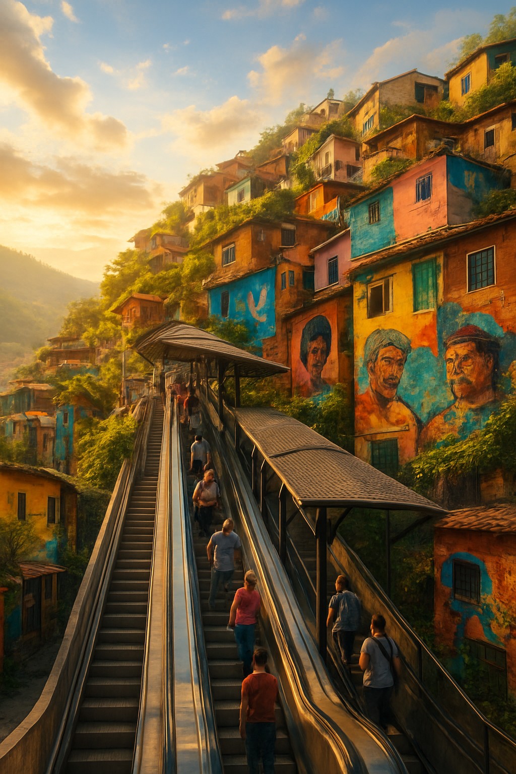 Outdoor escalators climbing the hillside of Comuna 13 in Medellín, Colombia, surrounded by stacked brick homes and street-art murals. — Remastered