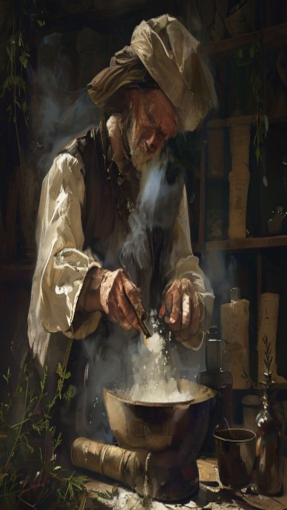 Illustration of a Tang Dynasty alchemist experimenting with ingredients that led to the accidental discovery of gunpowder.