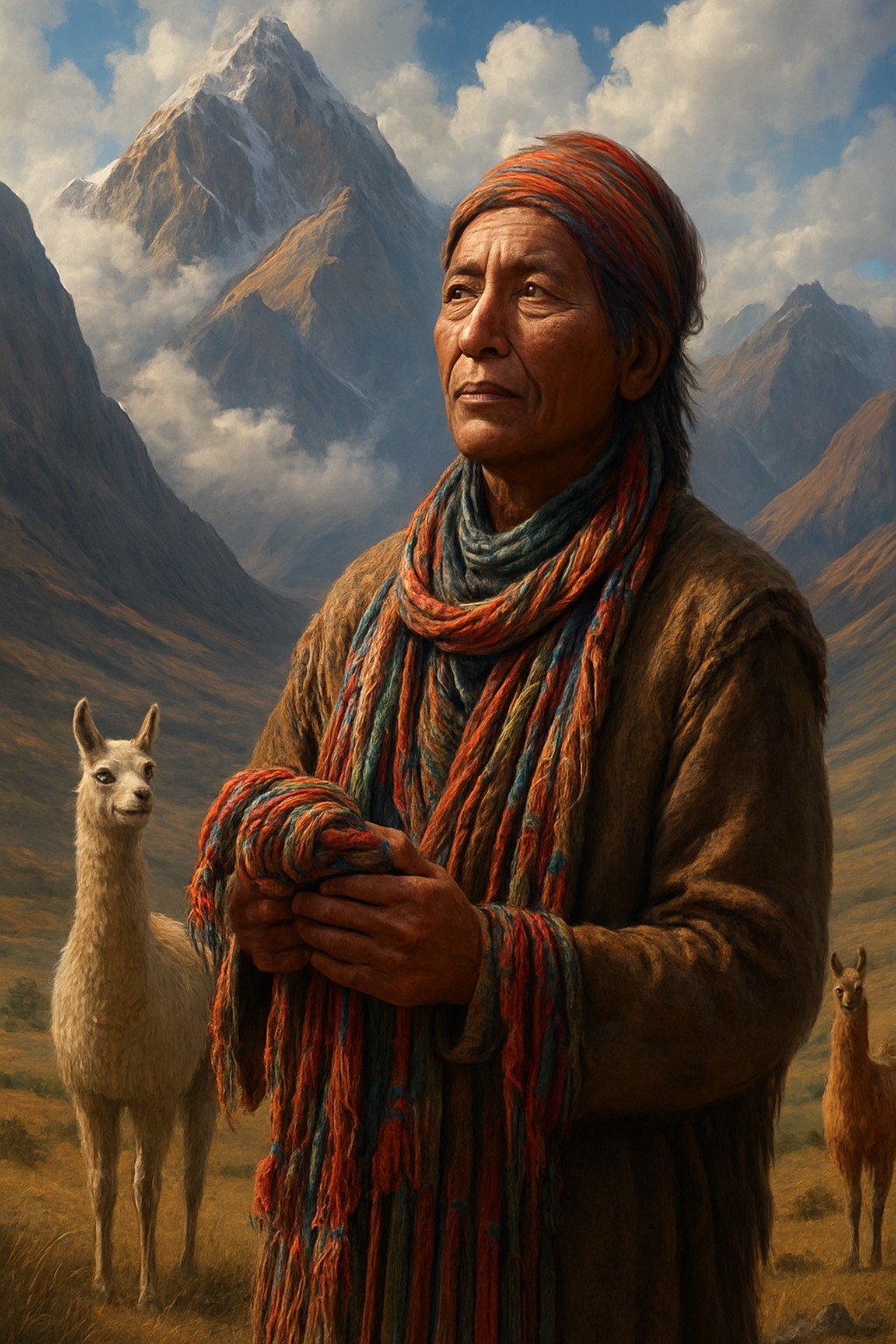 Antropeo illustration of Inca emperor using quipu recording system in the Andes Mountains near Machu Picchu — Remastered