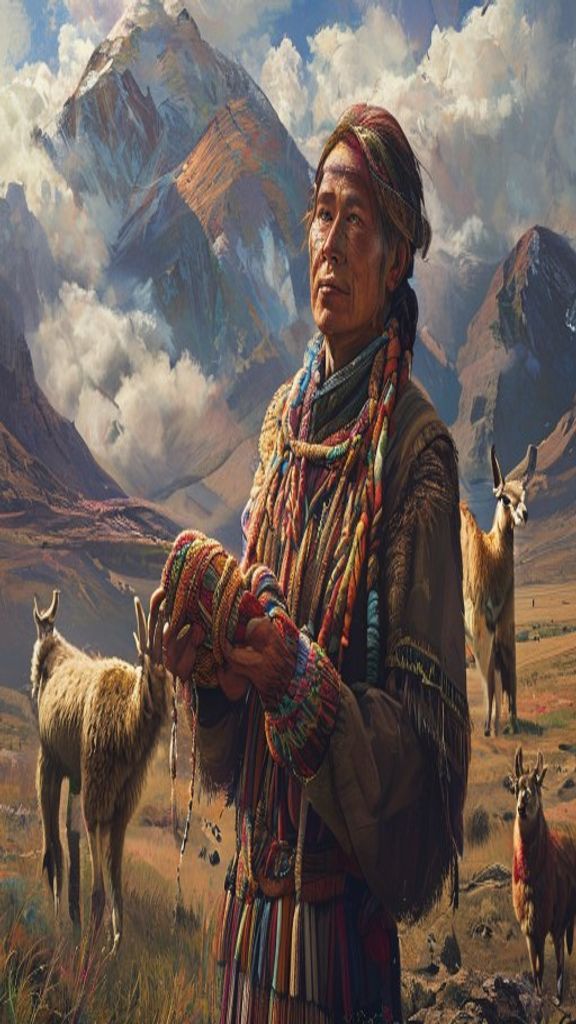 Antropeo illustration of Inca emperor using quipu recording system in the Andes Mountains near Machu Picchu
