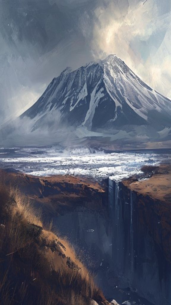 Illustration of Mount Kilimanjaro's shrinking glaciers above the African plains, highlighting climate change impacts.