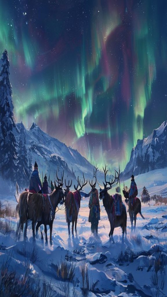 Sámi reindeer herders guiding a herd beneath the Northern Lights in Arctic Scandinavia