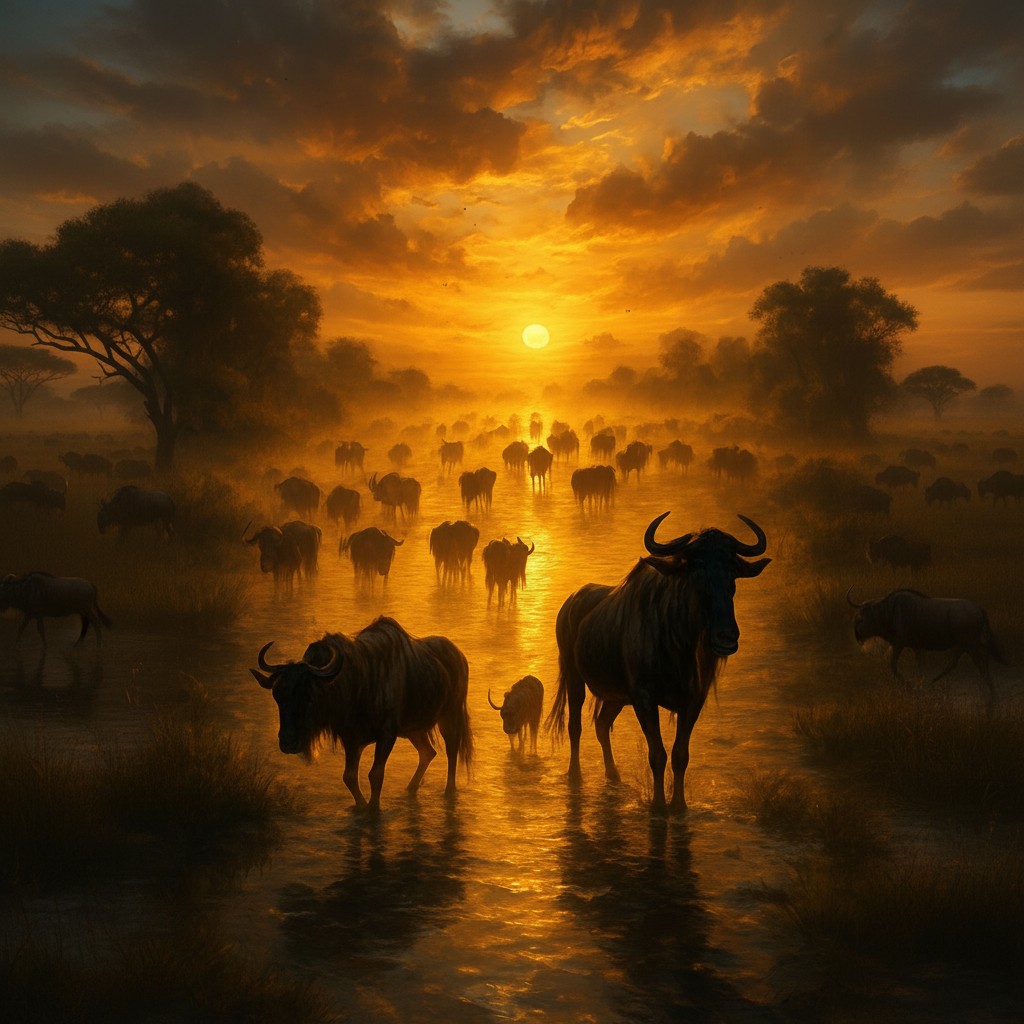 Thousands of wildebeest crossing the Serengeti during the Great Migration at sunrise. — Remastered