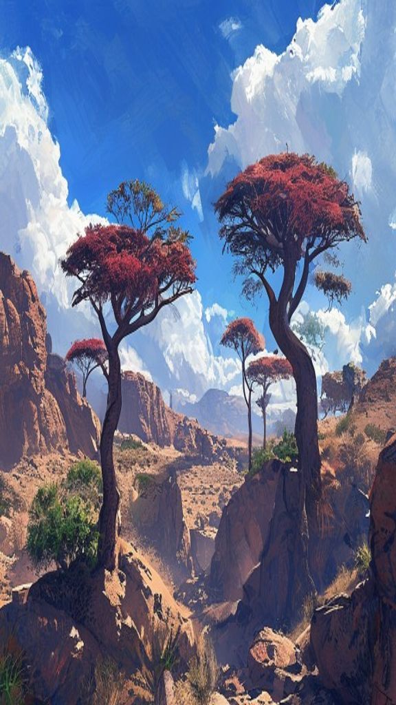 Illustration of a Socotra dragon blood tree with its umbrella-shaped crown on a pale limestone plateau