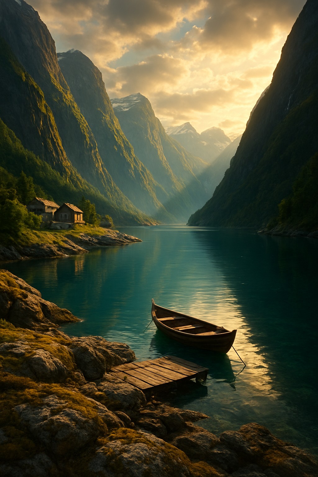 Panoramic view of Sognefjord in Norway with dramatic mountains, deep blue waters, and traditional villages along the shoreline. — Remastered