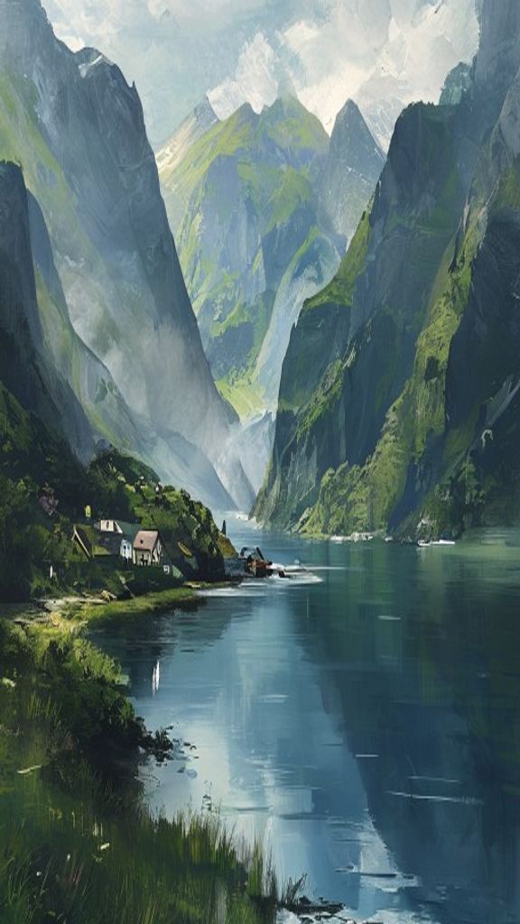 Panoramic view of Sognefjord in Norway with dramatic mountains, deep blue waters, and traditional villages along the shoreline.