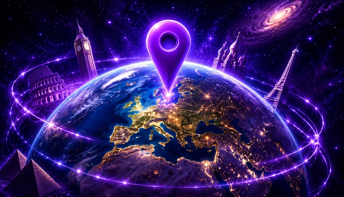 A glowing world map with a location pin surrounded by famous landmarks