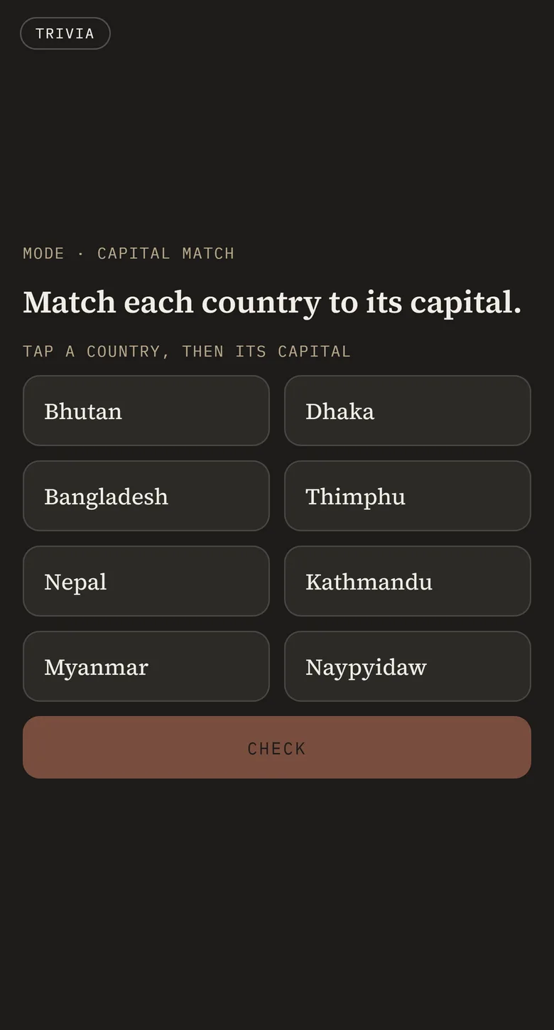 A trivia card: match each country to its capital