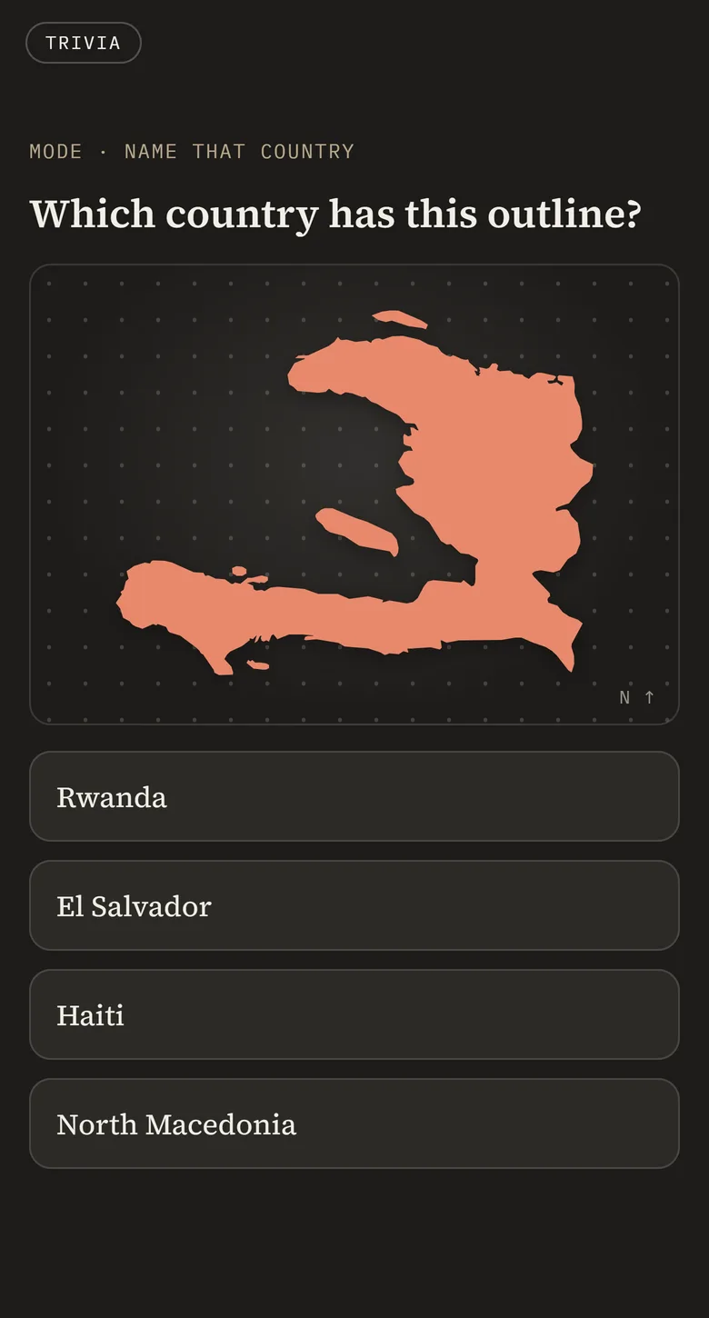 A trivia card: which country has this outline?