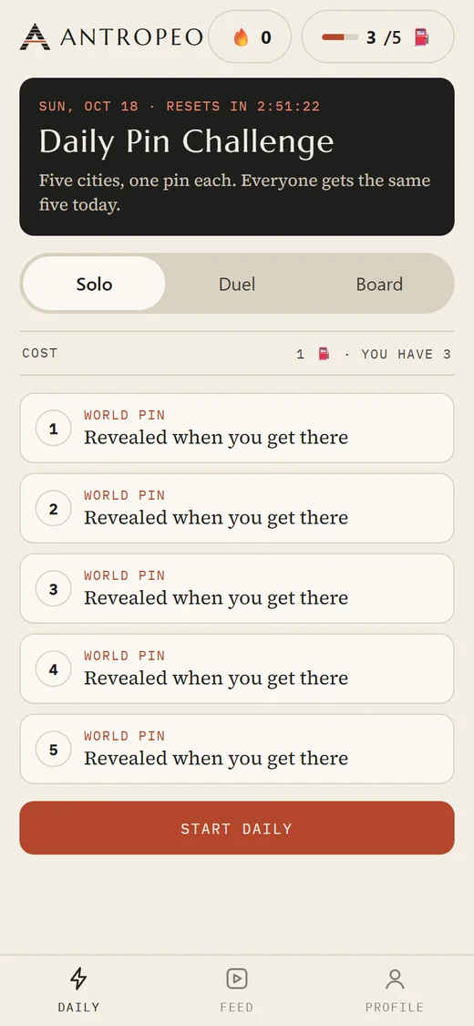 The Daily Pin Challenge screen: five cities a day, one pin each