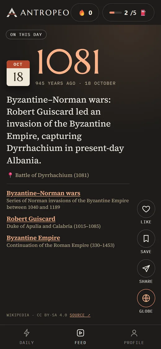 The app showing an on-this-day card: 1081, the Byzantine–Norman wars