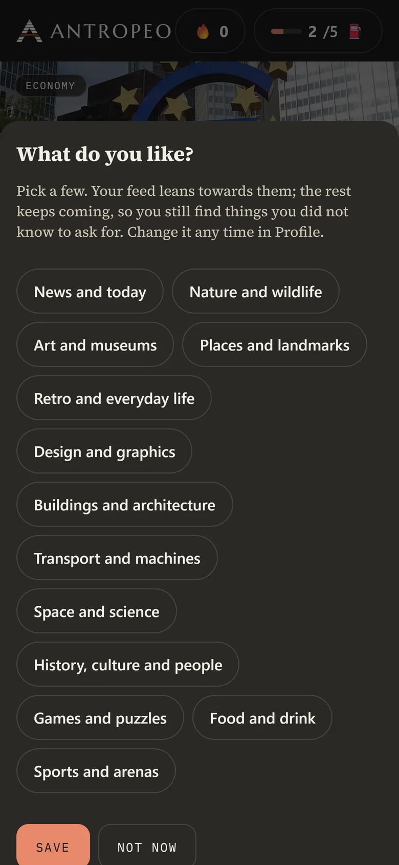 The topic picker: What do you like? with thirteen topic chips
