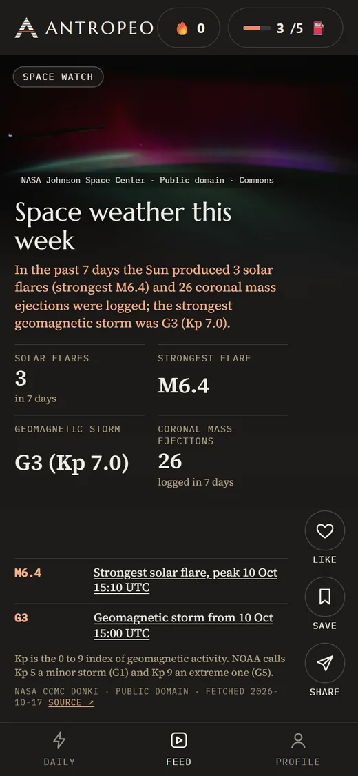 A space weather card with solar flare and geomagnetic storm figures from NASA