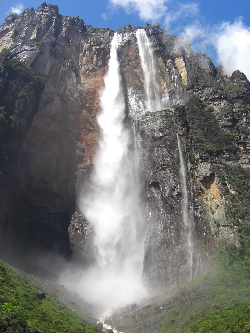 Angel Falls (Salto Ángel) in Canaima National Park, Venezuela, a ribbon of water falling from a flat-topped mountain