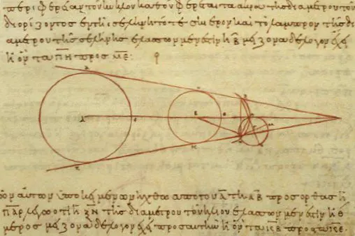A tenth-century Greek manuscript copy of Aristarchus's calculations of the relative sizes of the Sun, Moon and Earth