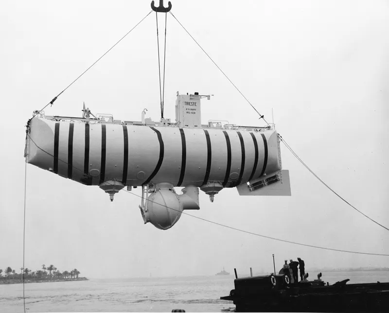 The bathyscaphe Trieste being lifted out of the water, about 1958