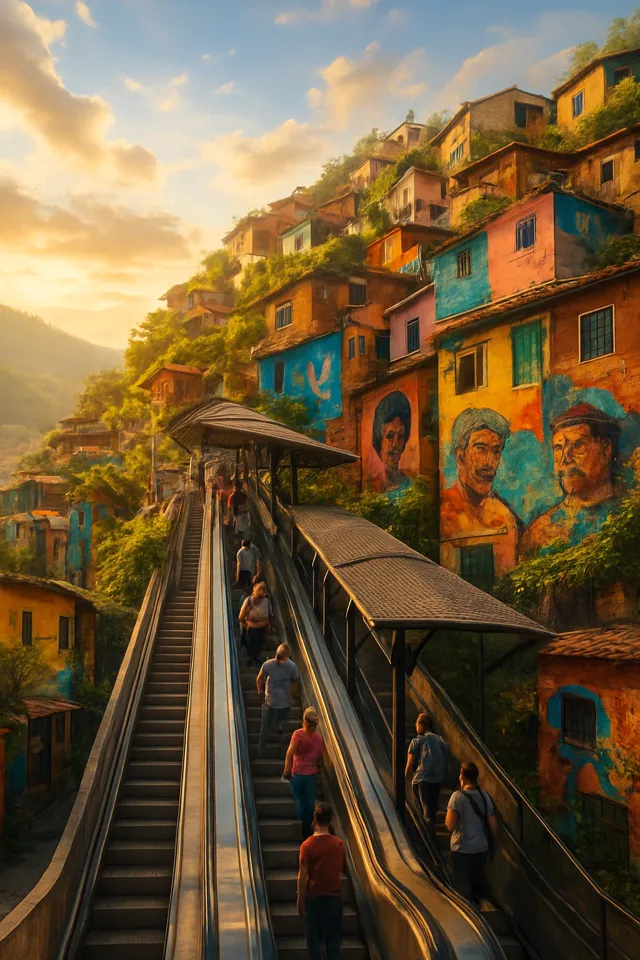 Outdoor escalators climbing the hillside of Comuna 13 in Medellín, Colombia, surrounded by stacked brick homes and street-art murals.