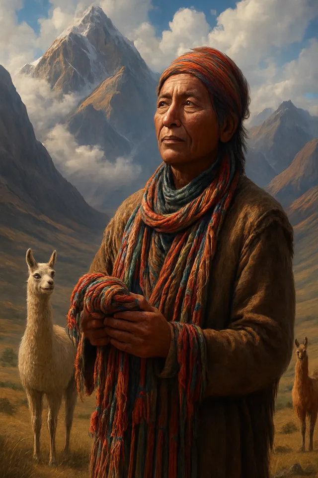 Antropeo illustration of Inca emperor using quipu recording system in the Andes Mountains near Machu Picchu