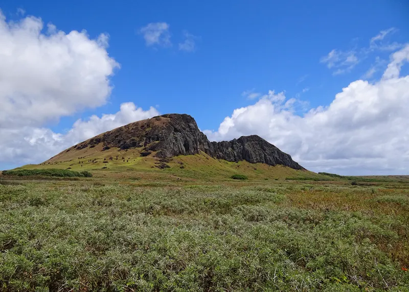 The Rano Raraku crater on Easter Island, the quarry where most moai were carved, seen from the south