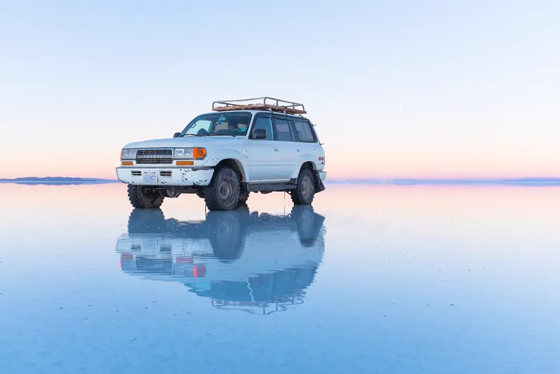 The Salar de Uyuni in Bolivia after rain, with the sky reflected in a thin layer of water