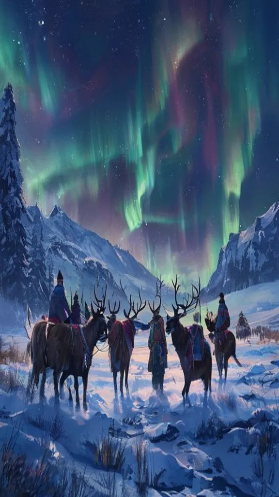 Sámi reindeer herders guiding a herd beneath the Northern Lights in Arctic Scandinavia