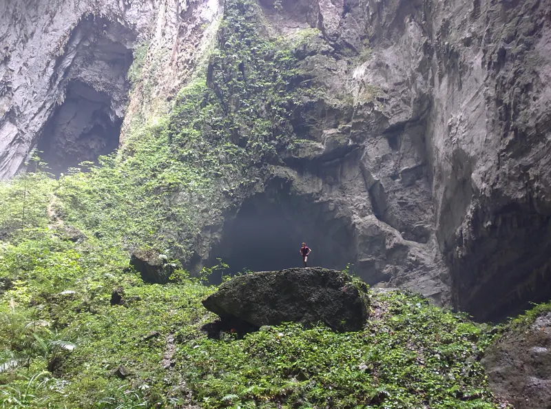 A collapsed roof opening in Son Doong Cave, Vietnam, with trees growing inside and a person for scale
