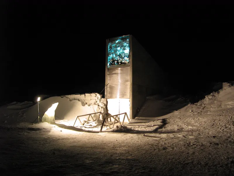 The concrete entrance of the Svalbard Global Seed Vault in the snow, 2008