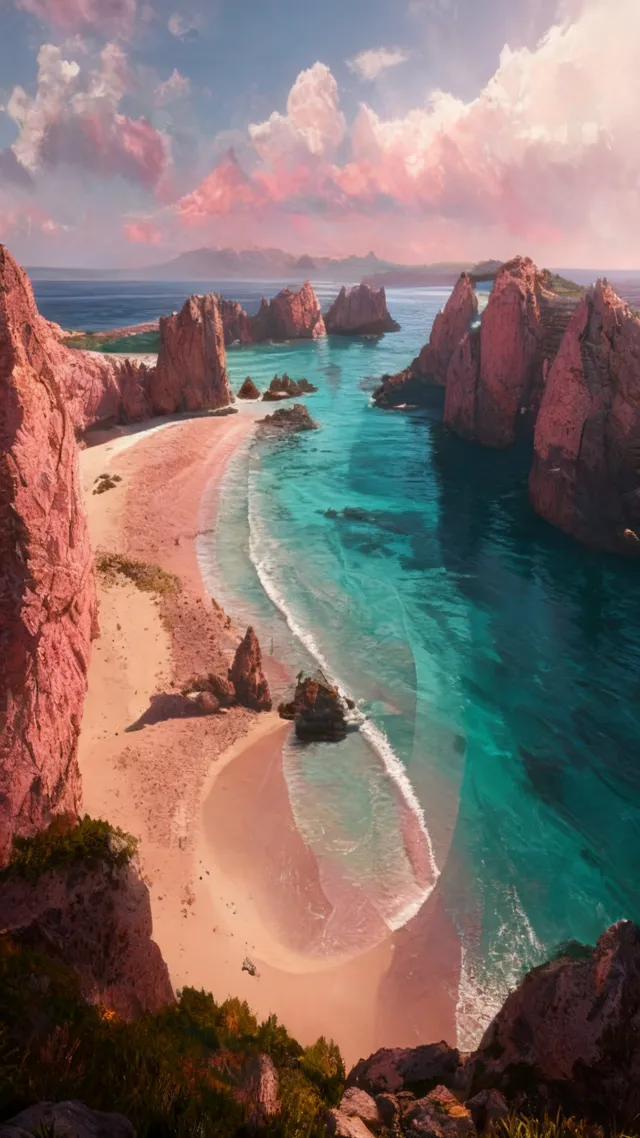The curved white sand of Wineglass Bay framed by the pink granite Hazards, Tasmania